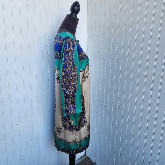 Cache Satin Green Blue Dress Beige Butterfly Scroll Chain Equestrian Print Sz M - Picture 6 of 16